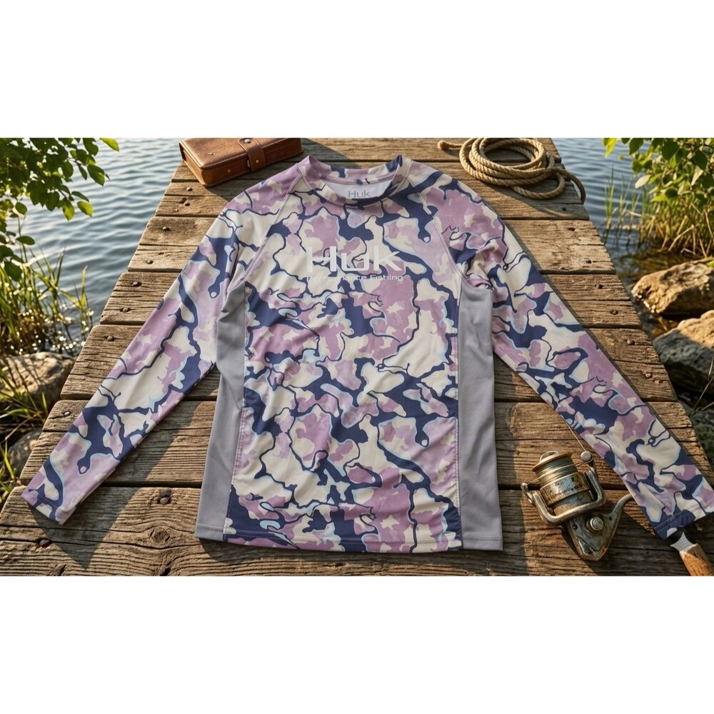 HUK Youth L Performance Fishing Shirt Camo Long Sleeve Graphic Front Back Sleeve